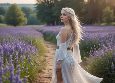 *22-year-old elven woman with delicate features, pointed ears, and ethereal beauty, long flowing white hair cascading down her back, in a dystopian yet mystical world, wearing an authentic flowing white tunic made of natural fabric with intricate ancient patterns, barefoot walking through a vast field covered in tiny blue wildflowers — bluebells and cornflowers, soft golden-hour lighting casting long shadows, cinematic composition, hyper-realistic details, high-resolution textures on fabric and skin, dramatic sky with scattered clouds, depth of field, wide-angle view, emotional and contemplative mood, post-apocalyptic yet poetic ambiance, detailed background with distant ruins or remnants of a forgotten civilization, photorealistic style, 8K quality, trending on ArtStation, fantasy concept art*