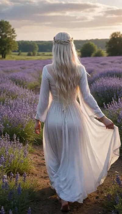 *22-year-old elven woman with delicate features, pointed ears, and ethereal beauty, long flowing white hair cascading down her back, in a dystopian yet mystical world, wearing an authentic flowing white tunic made of natural fabric with intricate ancient patterns, barefoot walking through a vast field covered in tiny blue wildflowers — bluebells and cornflowers, soft golden-hour lighting casting long shadows, cinematic composition, hyper-realistic details, high-resolution textures on fabric and skin, dramatic sky with scattered clouds, depth of field, wide-angle view, emotional and contemplative mood, post-apocalyptic yet poetic ambiance, detailed background with distant ruins or remnants of a forgotten civilization, photorealistic style, 8K quality, trending on ArtStation, fantasy concept art*