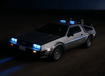 DeLorean from BTTF, (Back to the Future), Night, Dark Sky, Road in Desert, Real Road, Lights of DeLorean, (Travel Time Effects, Driving to 88mph, Blue Lights on Components Located on the Wings of the DeLorean, Blue Flash, Blue Flashes from the DeLorean), Side View from Above, <lora:dark:.5>