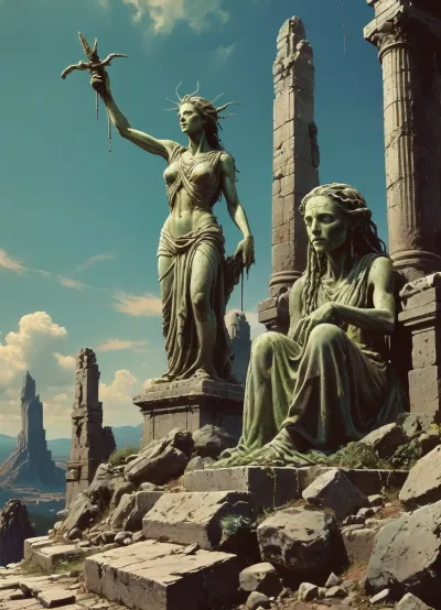 score_9, score_8_up, score_7_up, score_6_up, statue of Justitia with head of praying mantis, ruins, drawix9, dwx9, NEGATIVE_HANDS, Richard, Corben, Style, <lora:tbh235-sdxl:.9>, <lora:drawix9:1>, <lora:Richard Corben Style:.9>