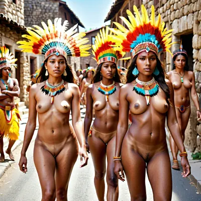 Three slightly dark-skinned young women, all nude except for headdresses of brightly colored bird feathers, face the viewer in a parade through a narrow street lined with small stone buildings and topless spectators in native dress at noon on a sunny day.