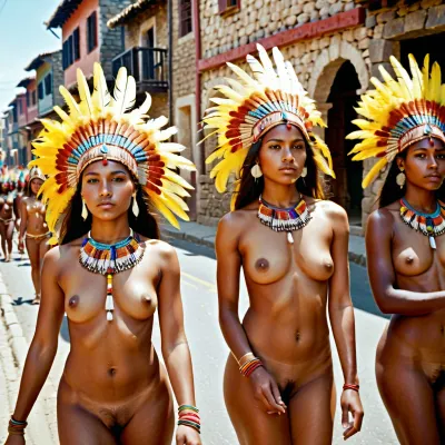 Three slightly dark-skinned young women, all nude except for headdresses of brightly colored bird feathers, face the viewer in a parade through a narrow street lined with small stone buildings and topless spectators in native dress at noon on a sunny day.