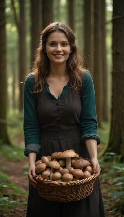 A beautiful Czech woman mushroom picker, about 35 years old, smiling and walking through a lush green forest, holding a basket full of mushrooms. She wears casual outdoor clothes, her hair is slightly messy from the forest walk, the sunlight filters through the trees, creating a magical and natural atmosphere. The scene is vibrant, peaceful, and authentic, with various mushrooms visible in the forest undergrowth