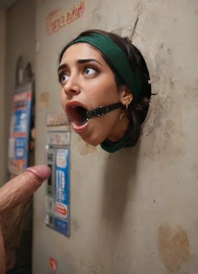 (glory wall:1.2), (only upper body protruding out of round hole:1.3), (bust and head sticking out of a round hole with a metal rim:1.5), (Muslim turkish girl trapped in vending machine with metal rim:1.3), (dark green cashmere pullover:1.1), (wide mouth spreader ring gag:1.4), (from side), (leaning forward:1.4), (embarrassed, ashamed), (pleading expression), (vintage vending machine:1.3), (box is low mounted, close to floor), (score_9, score_8_up, score_7_up, UHD 8K, masterpiece, best quality, maximum details, natural light, extreme realism, cinematic still), (vending machine is hanging low:1.1), (she stares at man stroking his big penis in front of her face:1.6), (arms restrained with iron rings to the wall:1.2), (shackles around wrists), (arms restrained to wall, arms left and right flat against the wall, multiple iron rings fixing her stretched arms against the wall:1.7)