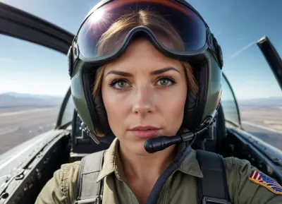 Highly detailed image, bright saturated colors, 8K quality, A beautiful female pilot, wearing a half-unbuttoned jumpsuit, tits half view, at the controls of an American F-15 Eagle fighter jet in flight.