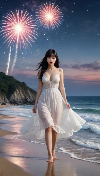 (masterpiece), best quality, (ultra-detailed:1.3), (full body shot), beautiful fantastic, 8K wallpaper, perfect face, perfect anatomy, photo-realistic, hyper-realism, blush, Cute Japanese girl walking on the shoreline, slightly transparent white lacy long dress, barefoot, wet legs, silky black hair, long straight hair, bangs, skirt pulled up, white skin, (chubby), large_breasts, summer, wind blowing, Shimmering ocean surface, beautiful beach, fantastic night, fireworks in the night sky, front view, wide angle view, from a distance, wide shot, fantastic light World, (water-color illustration:1.3), score_9, score_8_up, score_7_up