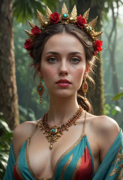 Majestic woman stands in a lush tropical jungle, bathed in soft, filtered natural light. She wears a resplendent crown with shades of red, brown, and gold, adorned with intricate metalwork and precious stones. Her delicate hands frame her décolletage, gently holding the straps of a natural, textured robe, evoking jute or other organic materials. A central pendant with a precious stone accentuates her décolletage, drawing the eye. Confident and gracious, her posture exudes quiet authority and mystical connection to her surroundings. Her captivating face features intense traits and an enchanting expression. Piercing eyes, highlighted by delicate, vibrant makeup, seem to fix the observer with an aura of mystery. A turquoise stone adorns her forehead, adding a spiritual touch to her appearance. Slightly parted lips add a sensual and enigmatic note. The surrounding environment is blurred, emphasizing the richness of golden jewelry and pearls adorning her neck, ears, and wrists, while capturing the warm, vibrant atmosphere of the tropical jungle. Perfect anatomical proportions, detailed matte painting, deep colors, fantastical, intricate details, inspired by the styles of Simon Stalenhag, Zdzisław Beksiński, and Android Jones, with a splash of cinematic realism, and a fantasy concept art aesthetic, in 8k resolution, reminiscent of trending Artstation pieces, crafted with the precision of Unreal Engine 5.