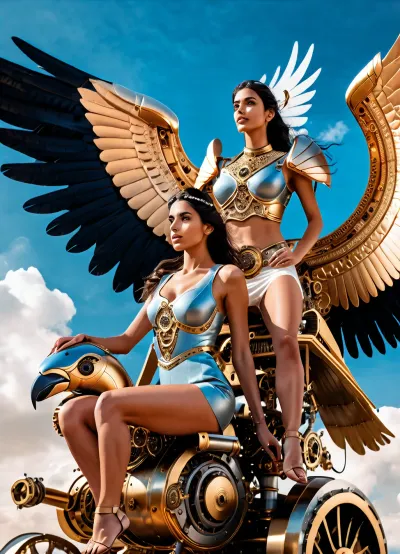 Arabian princess with a beautiful face, ((riding a huge mechanical eagle with huge wings in the sky)), (mechanical bird:1.6)