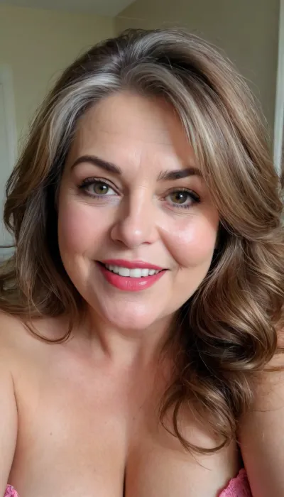 sexy mature, sexy 60 years old, brunette, long wave hair with highlights, chubby, cute smile face, huge bright hazel eyes, wide jaw, long big chin, tall, selfie, in the morning, after sleep, messy hair, seductive eyes, chubby round face, lipstick