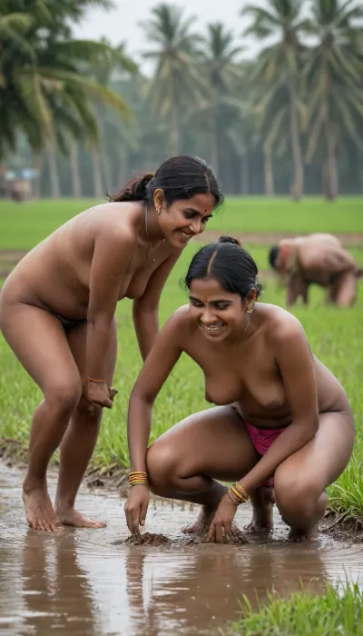 A vibrant rural scene showing a group of South Indian women 36 years old farmers working in a lush, dark chocolate skin tone, squatting down outside, (naked), big golden mangalsutra on neck and anklets. water-filled paddy field. The women are bent over, planting green rice seedlings in neat rows. with their feet submerged in muddy water. Some women are smiling and engaged in the task, while others concentrate on their work. The background features distant trees, electric poles, and a cloudy sky, highlighting the agricultural landscape of a village in India, black hairy pussy, unshaved pussy, dark pussy, ((Ultimate realistic photo details)), (((dynamic sexy down pose))), (((bright sunlight))), detailxl, hard nipples, part areola exposed, (((from below))), full body image, full body viisible, top to toe image, <lora:crying:1.7>
