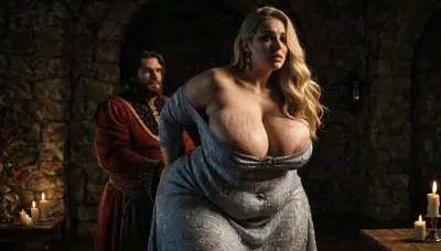 old servant gropes a Ssbbw blonde, fat, obese, cellulite, stretch marks, overweight queen, castle bedroom, medieval dress, hyper bbw ass, hanging breasts, showing huge areolas, long hair, fat wobbly ass, stuffed sagging belly, fat face with double chin, (areolae flashing, (overflowing cleavage:1.3)), candles light, orange filter, night, dress lifting, (groped by old, skinny, bearded servant), <lora:dark:.32>, fat legs spread