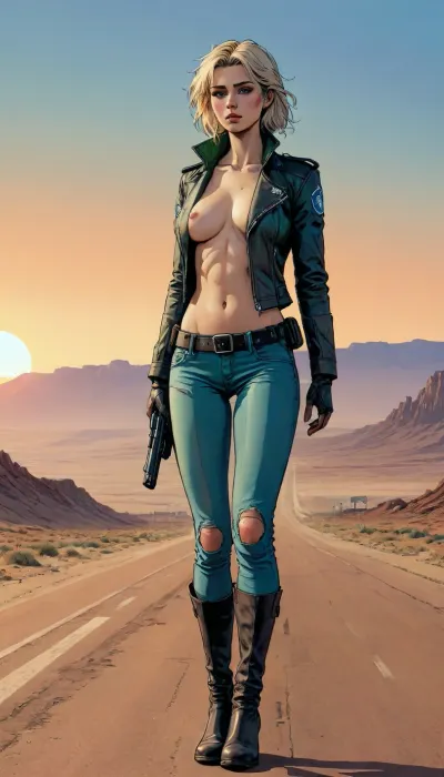 score_9, score_8_up, score_7_up, source_anime, A hyperrealistic image of a female cop in her late 30s, blonde hair. She is wearing a well-fitted police uniform, middle breasts, complete with a leather jacket on naked body, featuring a prominent police badge on the chest, blue ripped jeans, and black leather dirty high heels boots. Mad Max movie. Lonely desert. The air is slightly hazy. Full body view, full height. The lighting highlights the textures of her leather jacket and uniform, creating a striking contrast between the soft glow of the sunset and the gritty desert setting, (A detailed anime drawing with clean lines and meticulous shading, flat colors, line art, no gradients, blue and green palette), realistic anatomy, Autobahn, night, moon, Moebius, detailed face, (Jean, Giraud), page, lineart, <lora:Moebius (Jean Giraud) Style:1>, <lora:outline_xl_kohaku_delta_spv5x:1.1>, <lora:lineartSDXL:.8>