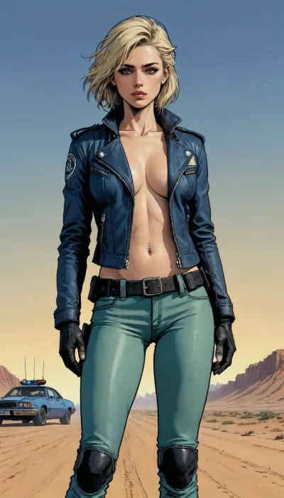 score_9, score_8_up, score_7_up, source_anime, A hyperrealistic image of a female cop in her late 30s, blonde hair. She is wearing a well-fitted police uniform, middle breasts, complete with a leather jacket on naked body, featuring a prominent police badge on the chest, blue ripped jeans, and black leather dirty high heels boots. Mad Max movie. Lonely desert. The air is slightly hazy. Full body view, full height. The lighting highlights the textures of her leather jacket and uniform, creating a striking contrast between the soft glow of the sunset and the gritty desert setting, (A detailed anime drawing with clean lines and meticulous shading, flat colors, line art, no gradients, blue and green palette), realistic anatomy, Autobahn, night, moon, Moebius, detailed face, (Jean, Giraud), page, lineart, <lora:Moebius (Jean Giraud) Style:1>, <lora:outline_xl_kohaku_delta_spv5x:1.1>, <lora:lineartSDXL:.8>