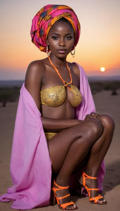Ultra dark-skinned African woman nakd, deep jet-black skin, wide nose, full thick lips, high cheekbones, tight kinky hair, fluorescent hijab, neon-laced evening sandals, fluorescent nail polish, glowing sunset, romantic tribal presence, powerful beauty.