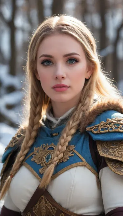 A fiercely proud Nordic girl stands, her presence exuding unwavering strength. Her blonde braids cascade down her back, framing a face marked by determination and resilience. This stunning portrait captures her piercing blue eyes, reflecting the icy landscapes of her homeland. The intricate details of her embroidered Viking armor and fur-lined cloak speak of her warrior spirit. This high-quality painting seamlessly combines power and grace, drawing the viewer into the captivating story of a fierce Nordic warrior princess. body manipulations, divine proportion, non-douche smile, gaze into the camera, holographic shimmer, whimsical lighting, enchanted ambiance, soft textures, imaginative artwork, ethereal glow, silent Luminescence, whispering Silent, iridescent Encounter, vibrant background, full body, (((rule of thirds))), high quality, high detail, high resolution, (bokeh:2), backlight, (long exposure:2)
