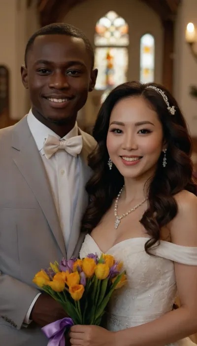 4K, Cheerful pose, gorgeous church, smile, dynamic, (Ribbon bow in her hair), iris Bouquet, high-low mini dress, ultra-detailed, ((Ultimate realistic photo)), ((detailed face)), (natural long wave hair), (60 years old Korean MILF woman and 13 years old young African boy), necklace, wedding photoshoot style --v 6 --style raw