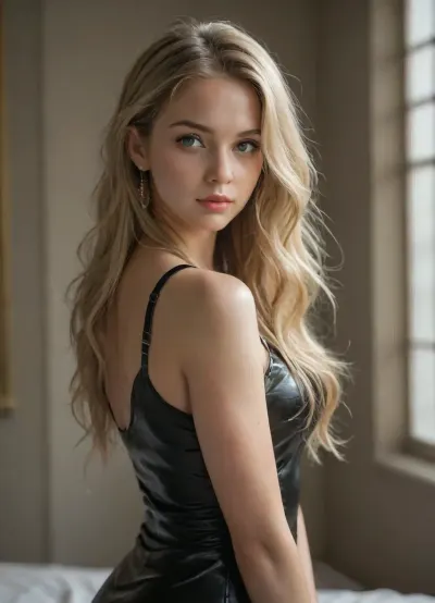 beauty, pulled down black dress, black straps, uhd, long hair, oiled skin, blonde, VCuteStyle, <lora:CuteCombine1:.8>, big, eyes, <lora:Style_eyes _and_hair_XL-v2:.8>