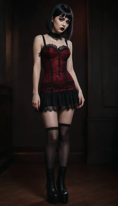 Masterpiece, high resolution, ultra-detailed image, 8K, cute emo girl with black lipstick, dark eyeshadow, black hair with red highlights, wearing a super sexy black lace dress, high-laced platform boots, ultra-detailed photorealistic image, full body view, 8K quality.