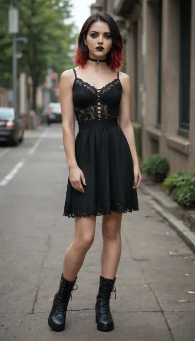 Masterpiece, high resolution, ultra-detailed image, 8K, cute emo girl with black lipstick, dark eyeshadow, black hair with red highlights, wearing a super sexy black lace dress, high-laced platform boots, ultra-detailed photorealistic image, full body view, 8K quality.
