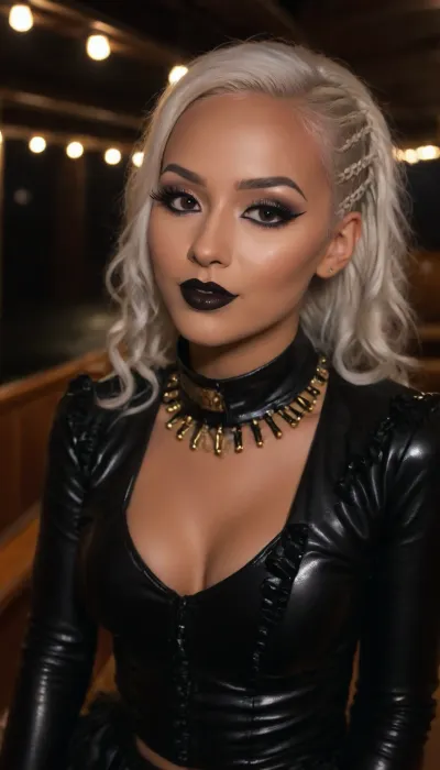 girl, 20 years, european asian girl, very busty, skinny, (((tanned skin))), little braids, (small thin face:1.4), (white hair:1.2), (dimples), (very long big thick eyelashes:1.2), ((gothic make up, thick lips with glossy saturareted black lipstick)), belly piercing, bracelets, shiny black latex leggings, ((ruffled glittering top, shiny golden jacket)), cleavage, choker, earrings, studded belt, jewellery, high heeled platform boots, smiling braided, side, on a ship, at night, smiling, face, close up, <lora:Braided_Sides_V1:2>, <lora:LeggingsXL_-_Latex.ID:1.7>