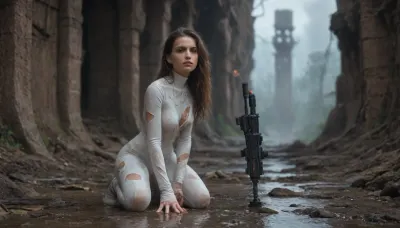 Elegant British 28 years, tanned skin, elongated face, fine nose, intense blue eyes, worried, panicked look, slim waist, rounded breast, muscular, very long messy dark hair, wet hair, soaked, alone, white latex astronaut skin-tight suit with gold trim, very torn clothes, raining, wet body, one breast exposed, scratches, fantastic jungles, bio-energy projector, alien strange landscape, alien artifacts ruins., edgFut_clothing, wearing, circuits, filmic, heavy, laser gun in hand, full body view, <lora:edgFuturisticXL:1.2>, <lora:filmicVibesXL_v1.1:1>, <lora:Future_Citys_xl-000012:1>, <lora:607315_training_data:1.4>, <lora:383440_training_data:.8>