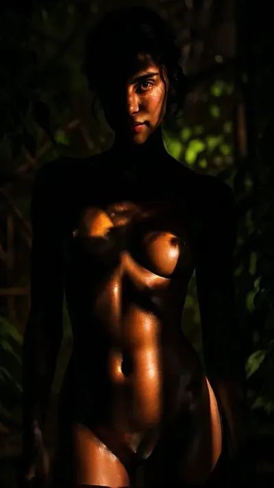 Girl, very cute girl, well build body, medium breasts, female collarbone, goosebumps, drops, dew, dim light, camera focus on the all body, silhouette, spotlight, dark, theme, naked, nude, <lora:DarkLighting:.5>