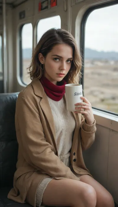 mvc5000, Young woman seated in a train cabin, sipping from a white mug while looking directly at the camera, long wavy brown hair held back with a black headband, fair skin, wearing a vibrant red scarf over a brown coat and light-colored sweater, gold rings and accessories visible on her fingers, warm beverage likely indicated by steam or her gesture, cozy and casual posture with one knee pulled up, maroon train seat and window in the background reflecting muted outdoor scenery. horizontal tearing and segmented scanlines all over still image of vhs footage, time base error distortion, analog video artifacting, low resolution.
1989 analog still frame, deep focus, low dynamic range, crushed blacks, clipped blooming highlights, blue-green cast, magenta shadows, subtle pastel mids, heavy luminance grain, chroma noise sparkle, composite color bleed halos, radial chromatic aberration, purple fringing, faint scan-lines, interlace artifacts, tiny VHS snow, thin dropout streaks, dithering, vertical smear trails, slight ghost-image echo, overscan vignette, dusty lens specks, hazy glow, blurred edges.