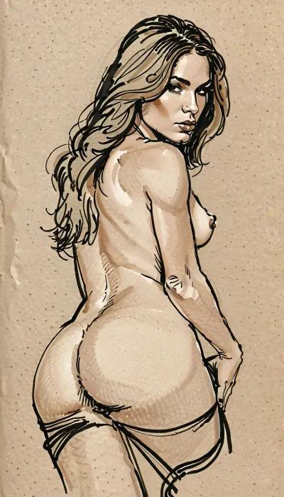score_9, score_8_up, score_7_up, (A detailed pencil drawing with clean lines and meticulous shading, sketch of a nude woman with long flowing hair), skinny body, small fit ass, muscular hips, nude woman wearing only garters, giving head, focus on ass, detailed vagina, supermodel face, big lips, handslora, soft features, and a serene expression, drawing have delicate shading and intricate details, capturing the essence of the subject with fine pencil strokes, background is simple, allowing the focus to remain on the portrait itself, drawing by NTY, v0ng44g, sk3tch, .8>, ratatatat74, <lora:sketch_it:1.3>, <lora:ratatatat74-000050:.8>