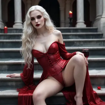 a vampire woman with perfectly white skin, a marble-white torso, a beautiful face, sharp cheekbones, very long wavy snow-white hair, a body in red paint. dark makeup. He sits on the steps of a pool with thick red water and holds a glass of wine in his hand. Gothic style, candles, marble. night. not a standard angle. side view. digital art, non-standard pose. aesthetics. glare. shadows.