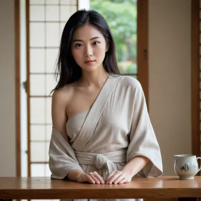 A 23-year-old Japanese woman with warm, fair skin and a delicate yet expressive face. She has long, straight black hair that falls just below her shoulder blades, with loose strands naturally framing her soft oval face. Her eyes are deep brown, slightly upturned at the corners, with a calm and emotionally intelligent gaze. Her lips are full but soft — the kind that look thoughtful even in silence. She has a small beauty mark below her right eye.

She has a lean, petite but subtly curvy body with small, perky breasts, (A to small B-cup), a narrow waist, and toned thighs. Her body is soft and natural, with minimal makeup — just a light flush on her cheeks.

She is wearing a light, loosely-tied kimono-style robe made of thin, cream-colored linen. The robe slips slightly off one shoulder, revealing the curve of her collarbone and a subtle glimpse of skin beneath. The fabric gently outlines the shape of her body when she moves. Underneath, visible only at the edges, is a simple pale gray cotton bra and matching panties — not meant to seduce, but intimate in its realness.

She is seated on a tatami mat by a low wooden table, with a ceramic teacup beside her and an open sketchbook in front of her. Soft natural morning light filters through the paper shoji screen behind her, casting a delicate glow on her skin. Her expression is calm, a little sleepy, slightly amused — as if she’s been thinking about something intimate but hasn’t decided whether to speak it yet.