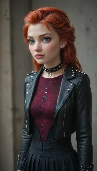 (((((Anna of Arendelle from frozen red hair))))), wearing a high-necked black velvet jacket, collar with large spikes, black tulle skirt, punk, 80s, clothing
