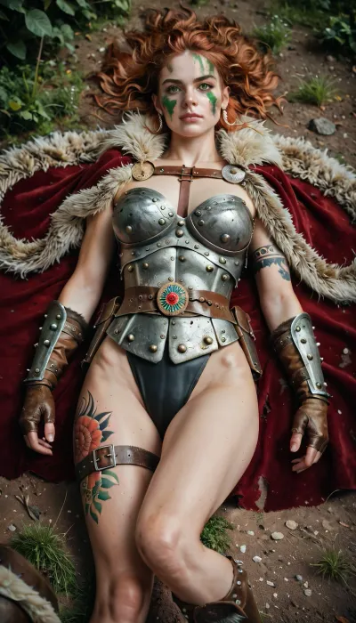 Pretty 18 year old Irish girl, barbarian warrior with green eyes, war paint on her face, tattoos, fur trimmed cape, leather armor, long tan leather gloves trimmed with fur, is lying on her back on the ground, waist arched, legs stretched out