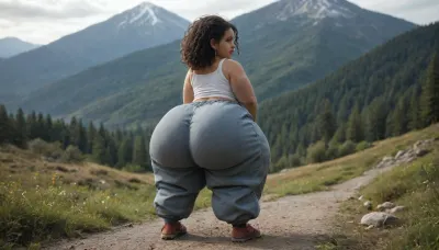 woman, (shortstack:.5), fatass, dumptruck ass, dumptruck fatass, hiking on a mountain trail, massive legs, (wearing baggy pants:1.4)