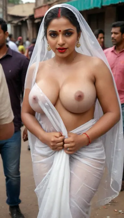 35 years old young beautiful indian bengali milf bhabhi, big fake boobs red lipstick perfect curvy figure muscular abs body wear white veil in dark skin old man's crowd forcely scuffle touching grabbing hug in slum street, large, breasts, big, boobs, huge, tits, soakingwetclothes, Saree, Indian, <lora:bombshell_v2:.9>, <lora:soakingwetclothesXL:.8>, <lora:XLSarees1:1>
