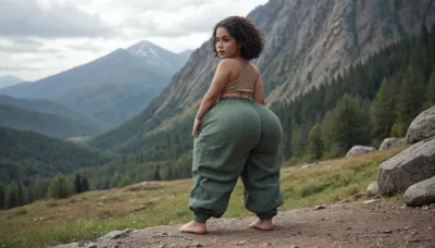 woman, (shortstack:.5), fatass, dumptruck ass, dumptruck fatass, hiking on a mountain trail, massive legs, (wearing baggy pants:1.4)