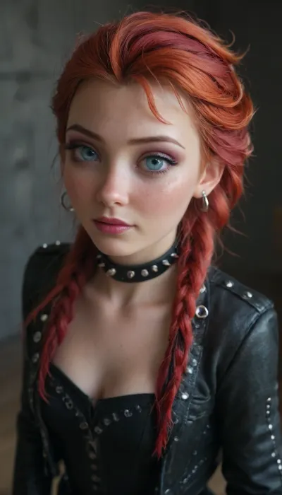 (((((Anna of Arendelle from frozen red hair))))), wearing a high-necked black velvet jacket, collar with large spikes, black tulle skirt, punk, 80s, clothing, hardcoresex