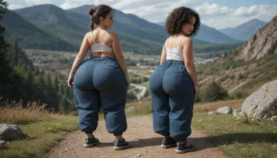 woman, (shortstack:.5), fatass, dumptruck ass, dumptruck fatass, hiking on a mountain trail, massive legs, (wearing baggy pants:1.4)