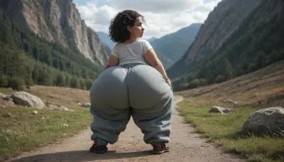 woman, (shortstack:.5), fatass, dumptruck ass, dumptruck fatass, hiking on a mountain trail, massive legs, (wearing baggy pants:1.4)