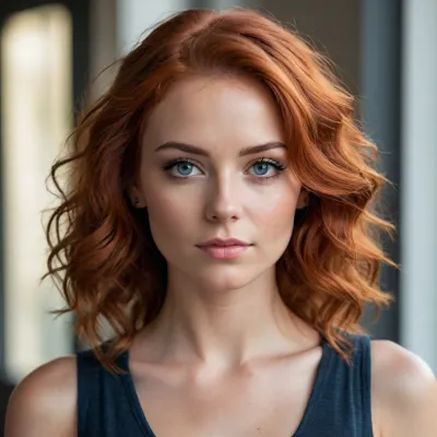 A professional portrait photograph of a young woman with vibrant copper-red wavy hair that falls past the shoulders. The hair has a warm, dimensional color and subtle highlights. She has striking blue eyes with dramatic winged black eyeliner, and natural-looking makeup. She is wearing a simple black sleeveless top and small stud earrings. A tattoo is visible on her left shoulder. The background is soft and blurred, showing a window with natural daylight streaming in. The lighting is warm and creates a gentle glow on the subject's skin. The photograph has a professional studio quality with sharp focus on the face and a shallow depth of field that creates a dreamy effect in the background. The color palette consists of warm tones in the hair contrasting with the cool tones of the eyes and the dark clothing