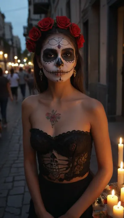 Petite Mexican Girl in a public street with catrina face painting, no clothes, D14, D3, L0s, Mu3rt0s, female, painted, skull, roses, candles, <lora:ahxl_v1:1.5>, <lora:Día_De_Los_Muertos:1.5>