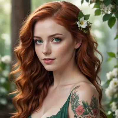 A stunning 25-year-old woman with long, wavy red hair cascading over her shoulders, piercing emerald green eyes, and a confident, seductive smile. She has a delicate floral vine tattoo with small blossoms on her left shoulder, adding a unique charm. She has an hourglass figure with sun-kissed skin. The image is photorealistic, high resolution, with cinematic lighting and intricate details."