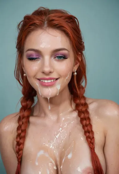 This is a description of a young woman who is posing solo with her hair styled in twin braids and a braid that falls over one shoulder. She has red hair and a smile on her face, with one eye closed as if she's lost in thought. The model wears no clothing, but the image suggests a realistic depiction of her body. There is shading around her eyes to give the impression of depth and realism.
The model appears to be nude, with her breasts and stomach covered by cum that has been applied on her face. She's wearing a facial expression that looks like she's enjoying the sensation of being cummed on. The image also includes bukkake, which is a Japanese term for group sex where multiple men ejaculate onto one woman.
Overall, this description suggests an erotic and explicit depiction of a young woman who is enjoying a sensual experience with her body., bukkake, woman, cum, on, face, <lora:MS_Real_XL_Bukkake:.7>, <lora:JustCum:.8>