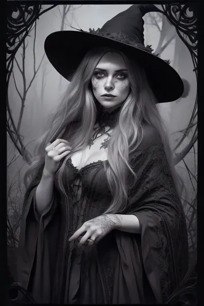 A detailed, pastel colored Gothic-style drawing. It depicts a toplees witch with long, wavy hair, wearing a pointed, leaf-decorated hat and a tattered cloak. Her face is painted grotesque. Surrounding her are skulls, bats, and twisting, thorny vines, creating a macabre, eerie atmosphere. The background is densely filled with intricate, organic patterns. Dark, mystical atmosphere. #©KITTYART

























#©KITTYART