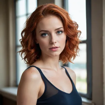 A professional portrait photograph of a young woman with vibrant copper-red wavy hair that falls past the shoulders. The hair has a warm, dimensional color and subtle highlights. She has striking blue eyes with dramatic winged black eyeliner, and natural-looking makeup. She is wearing a simple black sleeveless top and small stud earrings. A tattoo is visible on her left shoulder. The background is soft and blurred, showing a window with natural daylight streaming in. The lighting is warm and creates a gentle glow on the subject's skin. The photograph has a professional studio quality with sharp focus on the face and a shallow depth of field that creates a dreamy effect in the background. The color palette consists of warm tones in the hair contrasting with the cool tones of the eyes and the dark clothing