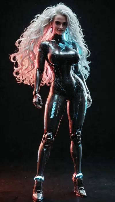 robotic woman, with a neon pink holographic screen, long white hair, black background, full body, big breasts, smirk