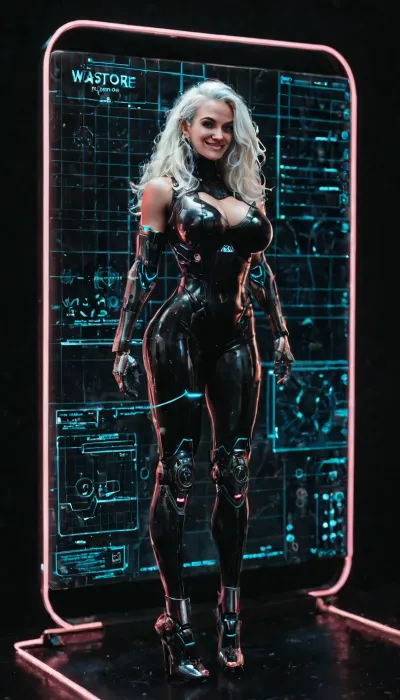 robotic woman, with a neon pink holographic screen, long white hair, black background, full body, big breasts, smirk