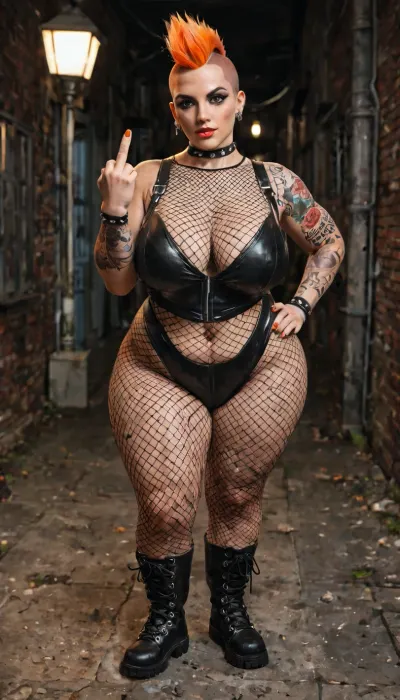 Punk, bbw, beautiful face, very cheeky facial expression, orange mohawk, undercut, showing the middle finger, wearing a large mesh fishnet bodysuit, big tits, punk boots.