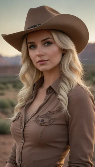 professional portrait photograph of gorgeous rancher girl, platinum blonde, (((sultry flirty look))), beautiful symmetrical face, cute natural makeup, (wearing brown cowboy hat), traditional clothing, confident pose, elegant, feminine, ((Utah landscape in background)), wild west, ultra realistic, character concept art, highly detailed, intricate, (sharp focus), 85mm, medium shot, mid shot, (centered image composition), ((professionally color graded)), ((bright soft diffused light)), volumetric fog, dreamy, trending on instagram, trending on tumblr, hdr 4k, 8k