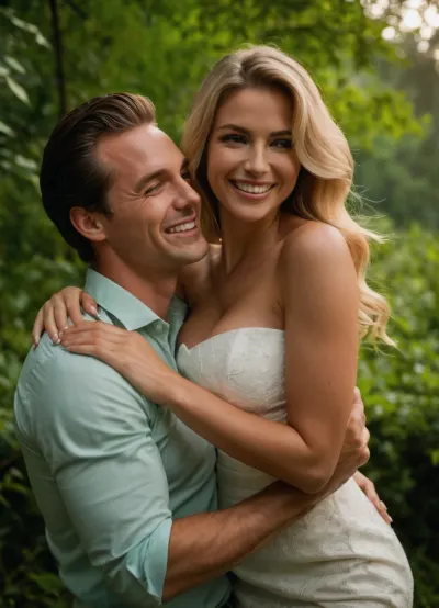 A man joyfully carries a woman in his arms, both smiling against a lush green outdoor background. The image features two individuals, a man and a woman, in what appears to be a natural, outdoor setting. The man, with short dark hair and wearing a light-colored, possibly off-white or beige, collared shirt with vertical textured lines, is holding the woman in his arms, carrying her in a classic bridal-carry pose. He is looking towards the woman with a wide, open-mouthed smile, showing his teeth, and appears very happy. The woman has long, straight blonde hair that is illuminated by bright light, creating a halo effect around her head. She is wearing a dark-colored, possibly black, strapless or spaghetti-strap dress. Her left arm is wrapped around the man's neck and shoulder, while her right hand is resting on his shirt. She is looking directly at the viewer with a wide, beaming smile, also showing her teeth. Her complexion is fair, and her eyes are light-colored. The background is a soft blur of green, indicating an abundance of foliage, likely trees, suggesting a park or garden environment. The lighting is bright, with sunlight evidently hitting the subjects, particularly accentuating the woman's hair. The overall atmosphere of the picture is one of joy, affection, and happiness. Both individuals exhibit clear signs of positive emotion through their wide smiles and happy expressions. The scene conveys a romantic or playful mood between the two people. There are no animals visible in the image, (correct female fingers:1.4), DRSL camera, 8k ultra HD, hinaigirl, large, breasts, boobs, tits, <lora:MaybeBetterFaceInFullBodyLora_XL_rev3:.8>, <lora:bombshell_v2:.8>, <lora:681678_training_data:.8>, <lora:add-detail-xl:1.4>