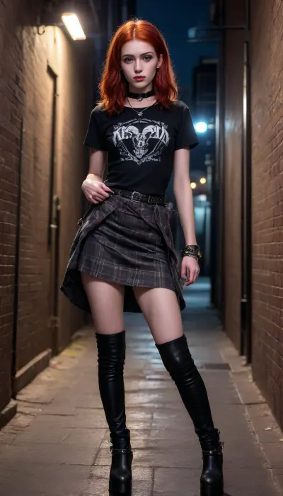 (full frame view, zoom out, full body view, hyper realistic:2), (most beautiful slender 18 year old redhead punk model in a dark alley at midnight, slim, tall, confident, assertive, strong, proud:2), (wearing oversize buckled black platform boots, plaid miniskirt, t-shirt, spiked wristbands, spiked choker:2), (show nude shaved hairless innie pussy:1.8), (professional fashion photoshoot, NSFW:1.7), (beautiful detailed face with heavy make-up:1.2), (erotic photo, porn photo, pornography, photorealistic, photo realistic, photorealism, photo realism, realistic, realism, light blank background:1.5), (4k, 8k, 8k resolution, best quality, ultra quality, highest quality, maximum quality, uncompressed, raw source photograph:1.2), (intricate clothing, detailed clothing, detailed skin, realistic skin), skirtlift, flat, chested, <lora:skirtlift_xl:1>, <lora:Creat0r_MagicDetailzV2_FIX:1>, <lora:SDXLFaeTastic2400:1>, <lora:flat_chested_v3.5:.8>